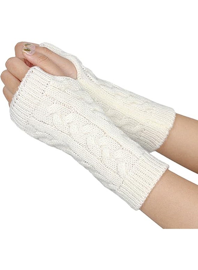 A Pairs of Winter Knit Gloves,Half Finger Gloves for Women Men,Knit Gloves Winter Stretchy Gloves for Winter Outdoor Sports,Half Finger Knit Winter Mittens Thick Wool Liner for Driving Cycling (White)  - Image 3