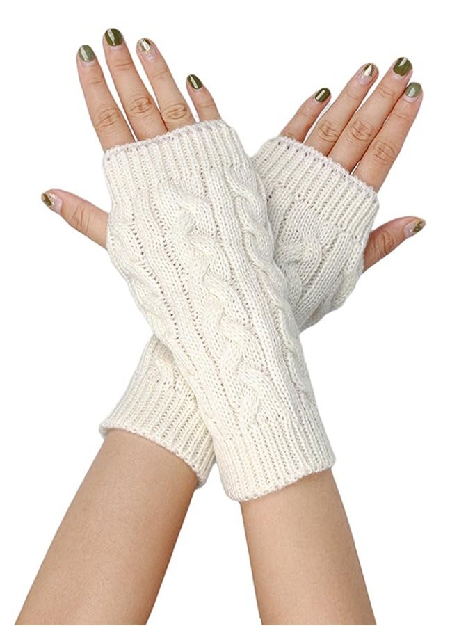 A Pairs of Winter Knit Gloves,Half Finger Gloves for Women Men,Knit Gloves Winter Stretchy Gloves for Winter Outdoor Sports,Half Finger Knit Winter Mittens Thick Wool Liner for Driving Cycling (White)  - Image 1