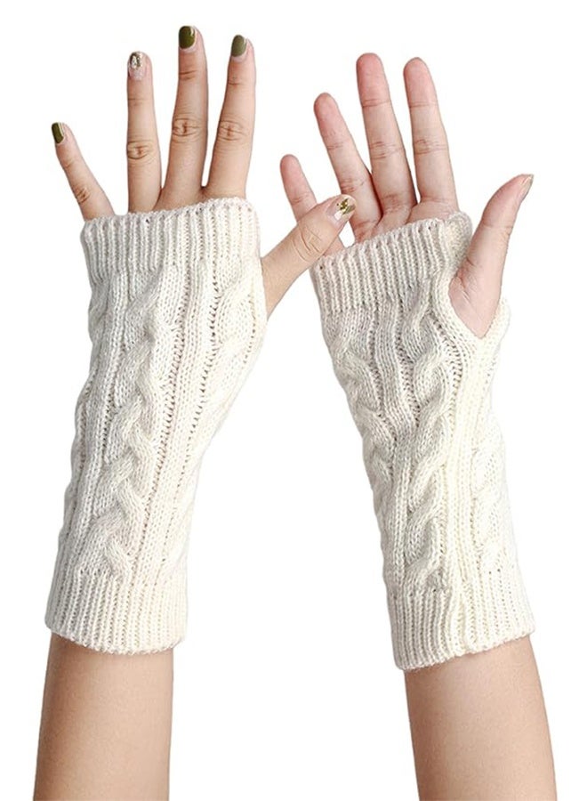 A Pairs of Winter Knit Gloves,Half Finger Gloves for Women Men,Knit Gloves Winter Stretchy Gloves for Winter Outdoor Sports,Half Finger Knit Winter Mittens Thick Wool Liner for Driving Cycling (White)  - Image 2