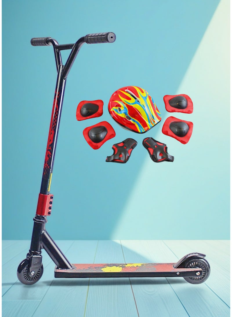 EASY FUTURE 2-Wheel Pro Scooter for Stunts – Aluminium Deck with Grip Tape, 110 mm Aluminium Wheels, Wide T-Bar Handlebars, Steel Brake, Lightweight 360° Freestyle Scooter for Beginner & Intermediate Levels Including Full Protective Gear Set - Image 4