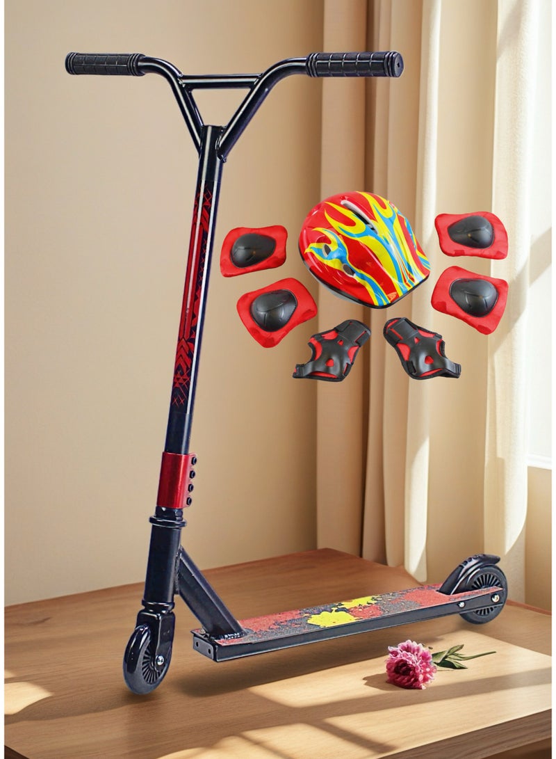 EASY FUTURE 2-Wheel Pro Scooter for Stunts – Aluminium Deck with Grip Tape, 110 mm Aluminium Wheels, Wide T-Bar Handlebars, Steel Brake, Lightweight 360° Freestyle Scooter for Beginner & Intermediate Levels Including Full Protective Gear Set - Image 1