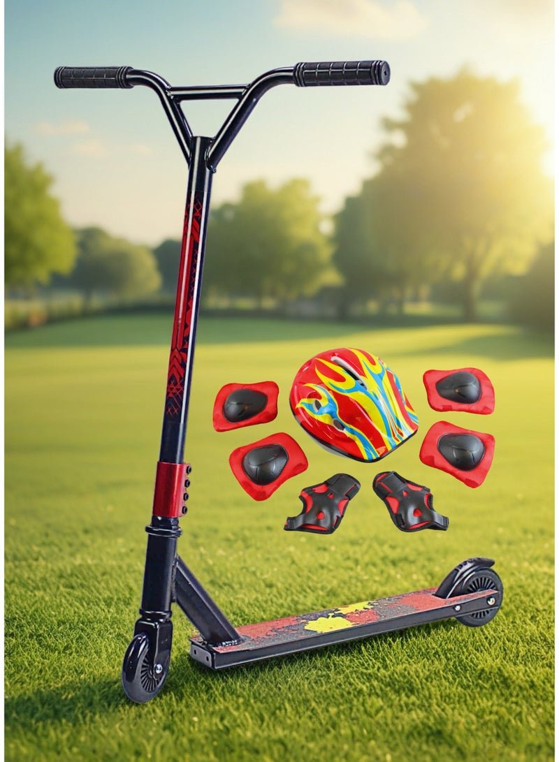 EASY FUTURE 2-Wheel Pro Scooter for Stunts – Aluminium Deck with Grip Tape, 110 mm Aluminium Wheels, Wide T-Bar Handlebars, Steel Brake, Lightweight 360° Freestyle Scooter for Beginner & Intermediate Levels Including Full Protective Gear Set - Image 5