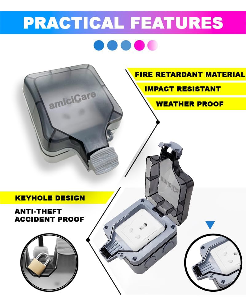 amiciCare مأخذ كهربائي مقاوم للماء، 6/16 أمبير صندوق مفاتيح كهربائية خارجي IP66 (مأخذ فردي) - Image 5