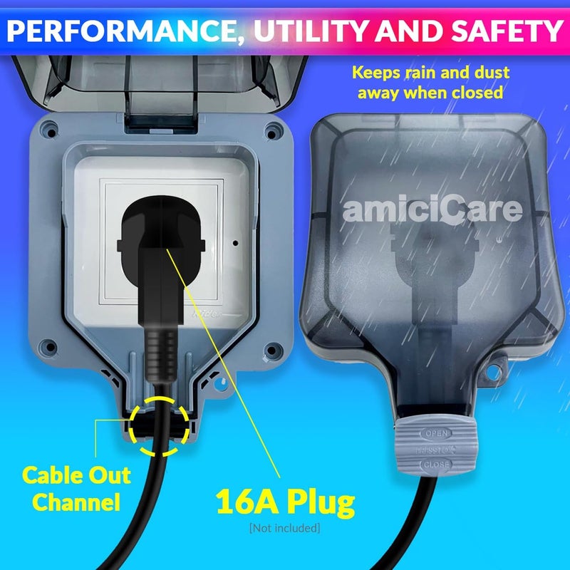 amiciCare مأخذ كهربائي مقاوم للماء، 6/16 أمبير صندوق مفاتيح كهربائية خارجي IP66 (مأخذ فردي) - Image 2