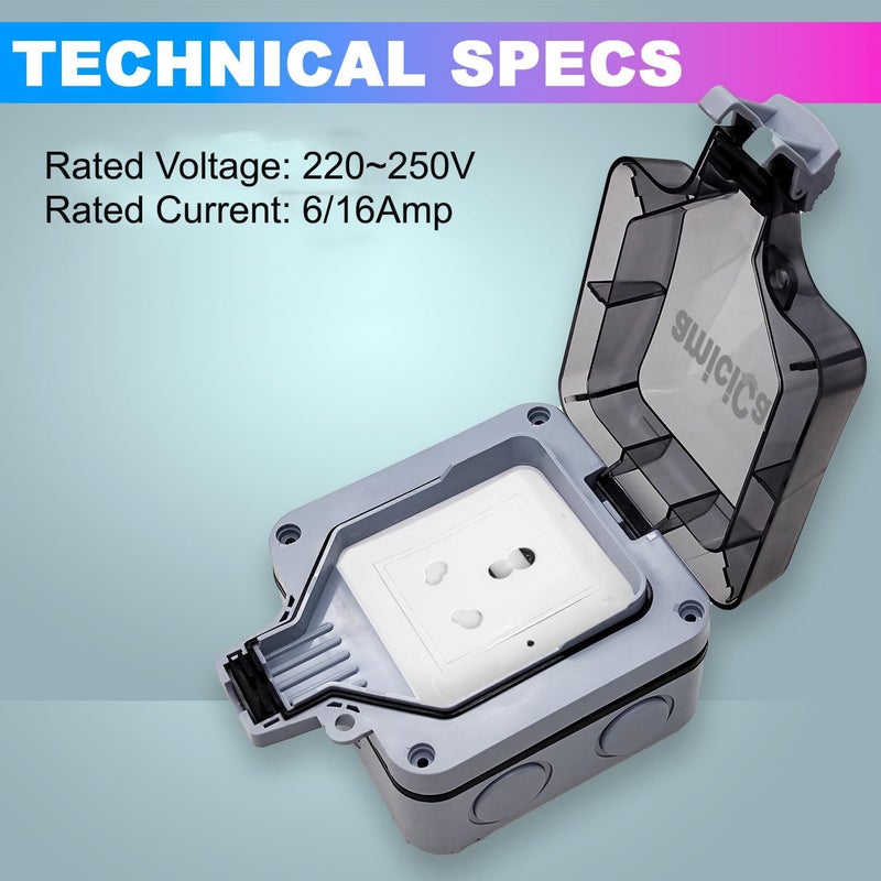 amiciCare مأخذ كهربائي مقاوم للماء، 6/16 أمبير صندوق مفاتيح كهربائية خارجي IP66 (مأخذ فردي) - Image 3