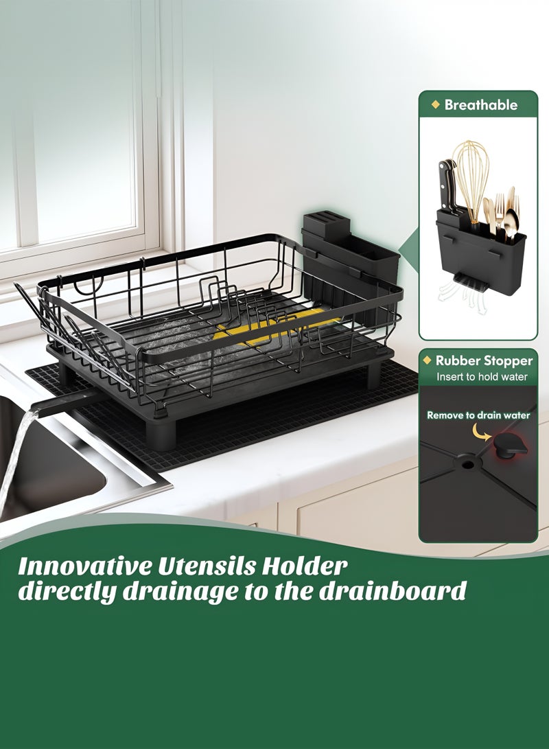 توشيونيكس رف تجفيف أطباق من طبقتين مع لوح تصريف وحامل أدوات وفوهة تصريف دوارة 360 درجة - رف تجفيف أطباق متعدد الطبقات مقاوم للصدأ من الفولاذ المقاوم للصدأ فوق سطح حوض المطبخ، منظم أطباق من الفولاذ، أكواب، فناجين، أوعية، لوح تقطيع وسكاكين - 42 × 30 × 30 سم، أسود - T114495 - Image 3