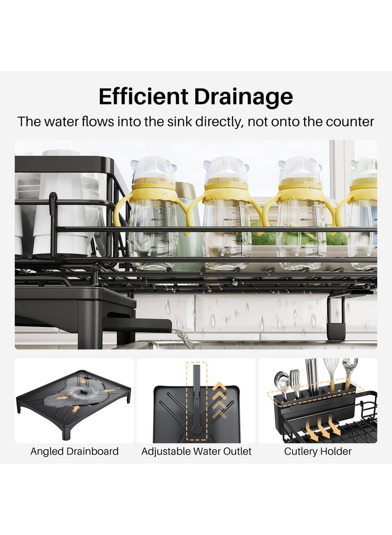توشيونيكس رف تجفيف أطباق من طبقتين مع لوح تصريف وحامل أدوات وفوهة تصريف دوارة 360 درجة - رف تجفيف أطباق متعدد الطبقات مقاوم للصدأ من الفولاذ المقاوم للصدأ فوق سطح حوض المطبخ، منظم أطباق من الفولاذ، أكواب، فناجين، أوعية، لوح تقطيع وسكاكين - 42 × 30 × 30 سم، أسود - T114495 - Image 5