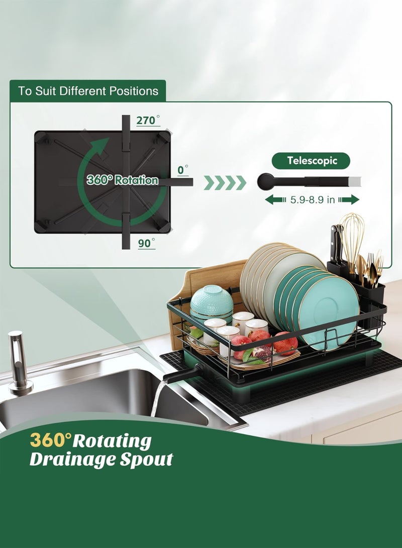 توشيونيكس رف تجفيف أطباق من طبقتين مع لوح تصريف وحامل أدوات وفوهة تصريف دوارة 360 درجة - رف تجفيف أطباق متعدد الطبقات مقاوم للصدأ من الفولاذ المقاوم للصدأ فوق سطح حوض المطبخ، منظم أطباق من الفولاذ، أكواب، فناجين، أوعية، لوح تقطيع وسكاكين - 42 × 30 × 30 سم، أسود - T114495 - Image 4