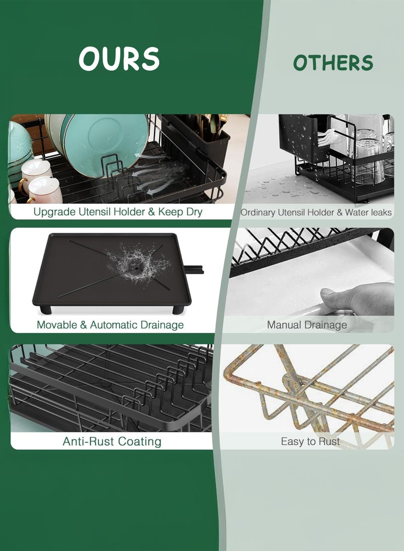 توشيونيكس رف تجفيف أطباق من طبقتين مع لوح تصريف وحامل أدوات وفوهة تصريف دوارة 360 درجة - رف تجفيف أطباق متعدد الطبقات مقاوم للصدأ من الفولاذ المقاوم للصدأ فوق سطح حوض المطبخ، منظم أطباق من الفولاذ، أكواب، فناجين، أوعية، لوح تقطيع وسكاكين - 42 × 30 × 30 سم، أسود - T114495 - Image 2