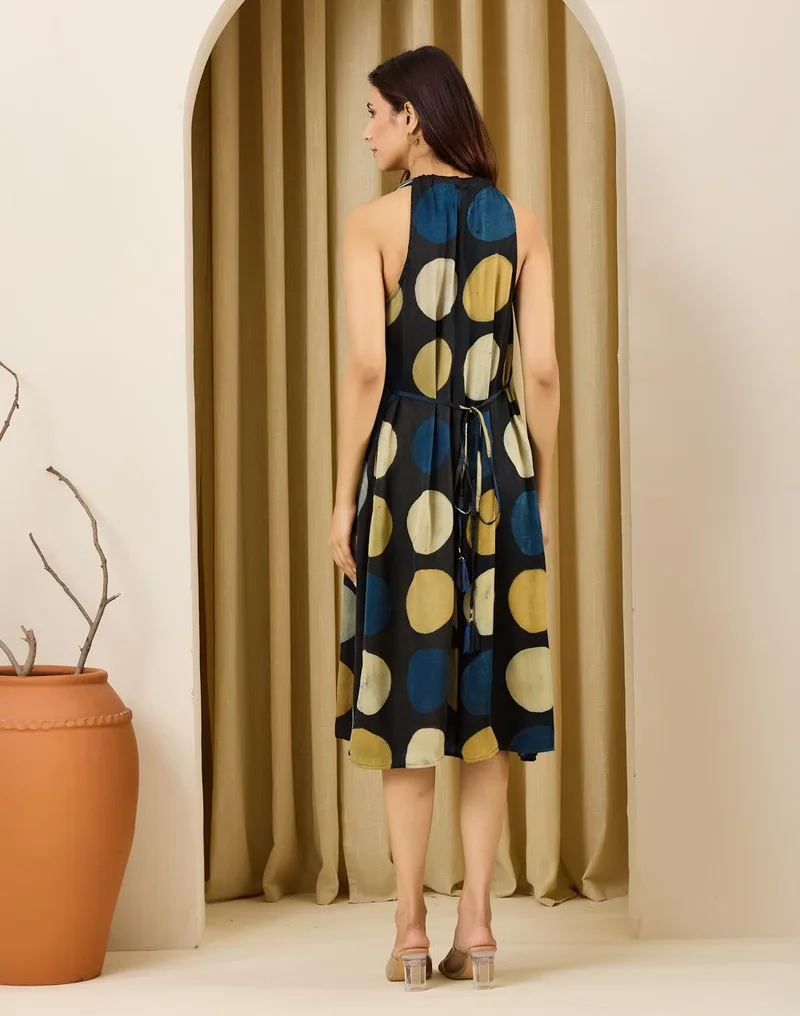 Fabindia  Green Rayon Blend Printed Ajrakh Marilyn Halter Midi Dress for Women | Best Price UAE