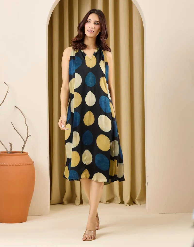 Fabindia  Green Rayon Blend Printed Ajrakh Marilyn Halter Midi Dress for Women | Best Price UAE
