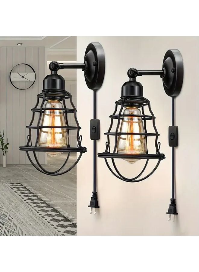 Black Metal Cage Industrial Wall Lamp Plug In 2Pcs Set For Dining Room Corridor - Image 2
