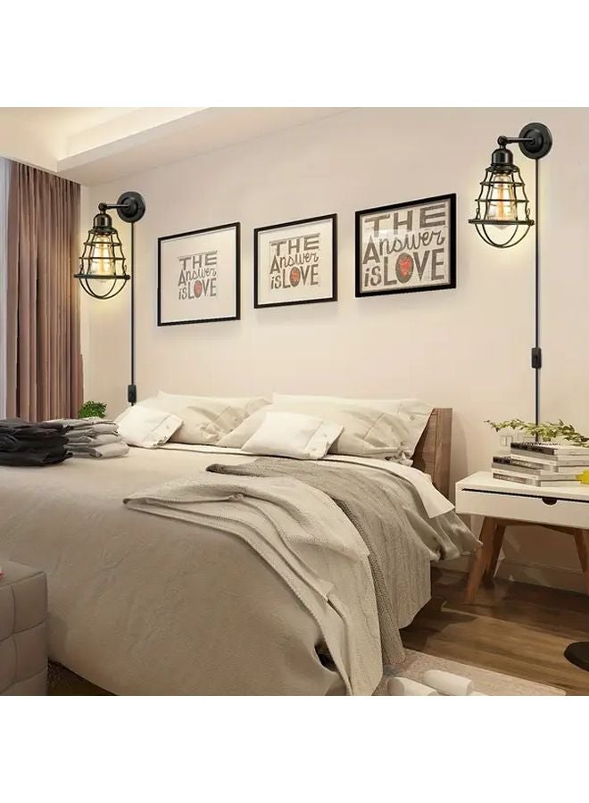 Black Metal Cage Industrial Wall Lamp Plug In 2Pcs Set For Dining Room Corridor - Image 5