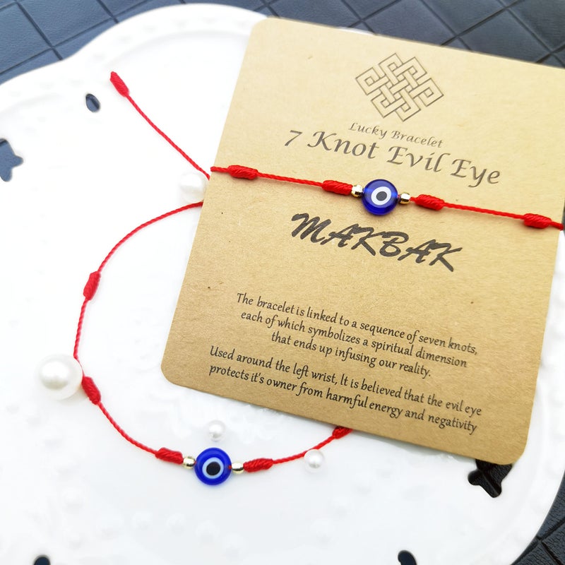 MAKBAK Evil Eye 7 Knot Lucky Bracelets for Women Men Adjustable Lucky Amulet Black Red String Bracelet for Protection Family Friends (Red, Bronze) - Image 2