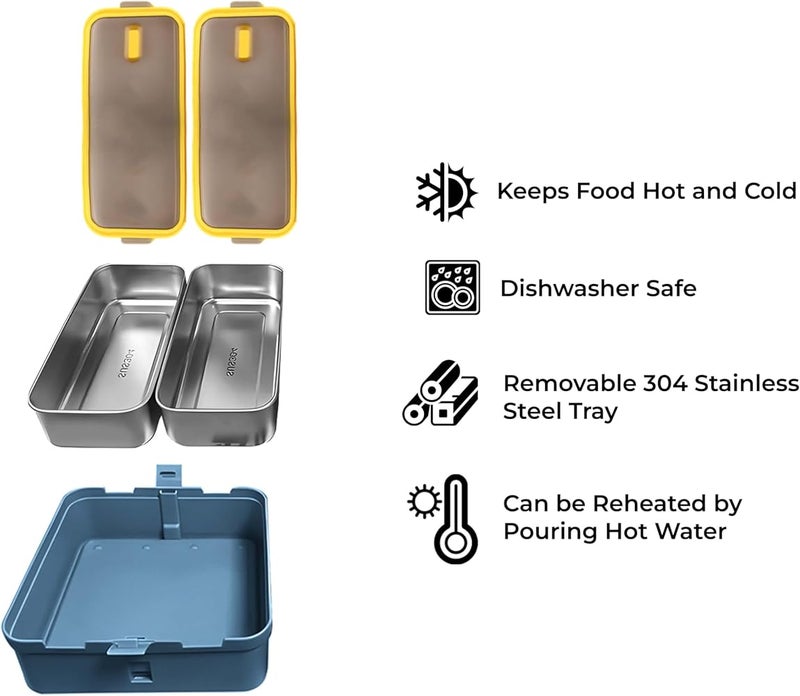 BrainGiggles 2 Compartments Stainless Steel Lunch Box with Removable Inner Tray - Insulated, Leak Proof Bento Box for Kids, Adults - Multifunctional Air Tight Food Container (With Handle, Blue) - Image 3