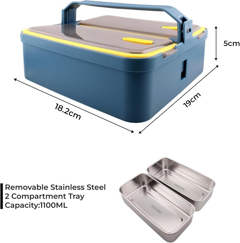 BrainGiggles 2 Compartments Stainless Steel Lunch Box with Removable Inner Tray - Insulated, Leak Proof Bento Box for Kids, Adults - Multifunctional Air Tight Food Container (With Handle, Blue) - Image 4