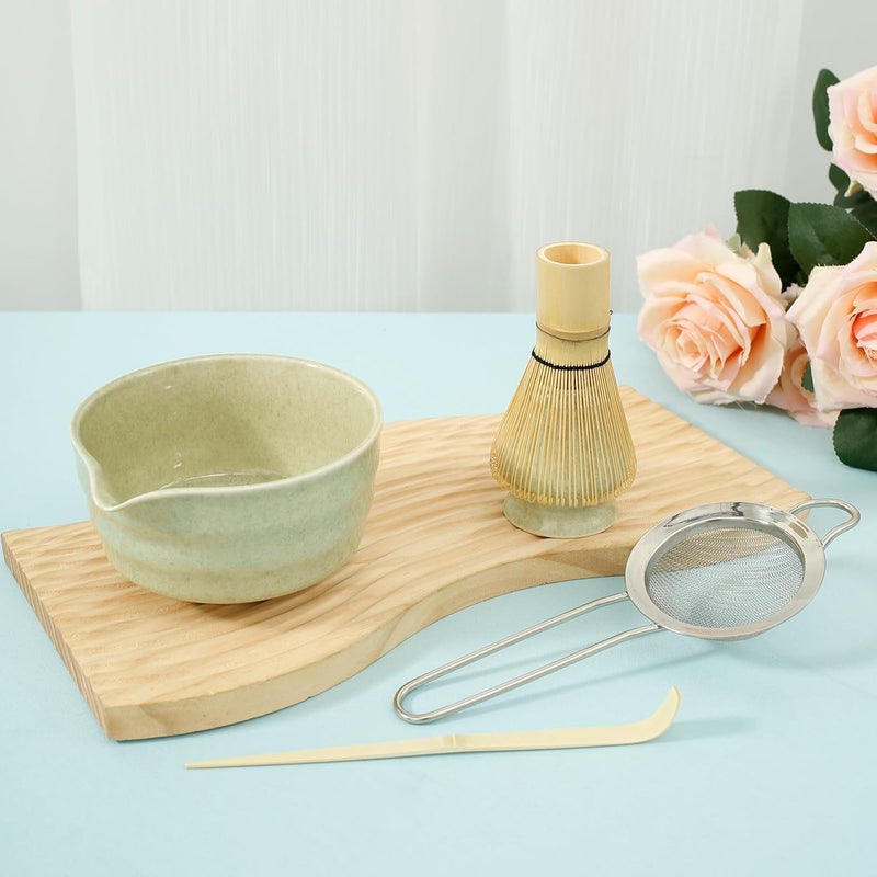 OKYMOTOR Matcha Whisk Set, 5 Pcs Matcha Kit - Matcha Bowl with Spout, Whisk and Holder, Bamboo Scoop and Stainless Sifter for Matcha Lover, Mottled Green - Image 1