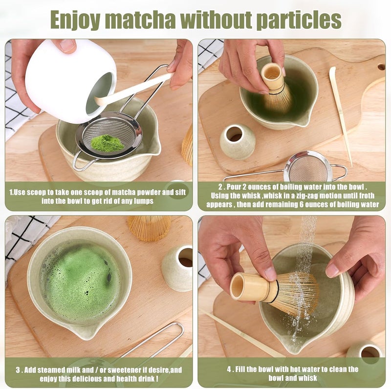 OKYMOTOR Matcha Whisk Set, 5 Pcs Matcha Kit - Matcha Bowl with Spout, Whisk and Holder, Bamboo Scoop and Stainless Sifter for Matcha Lover, Mottled Green - Image 4