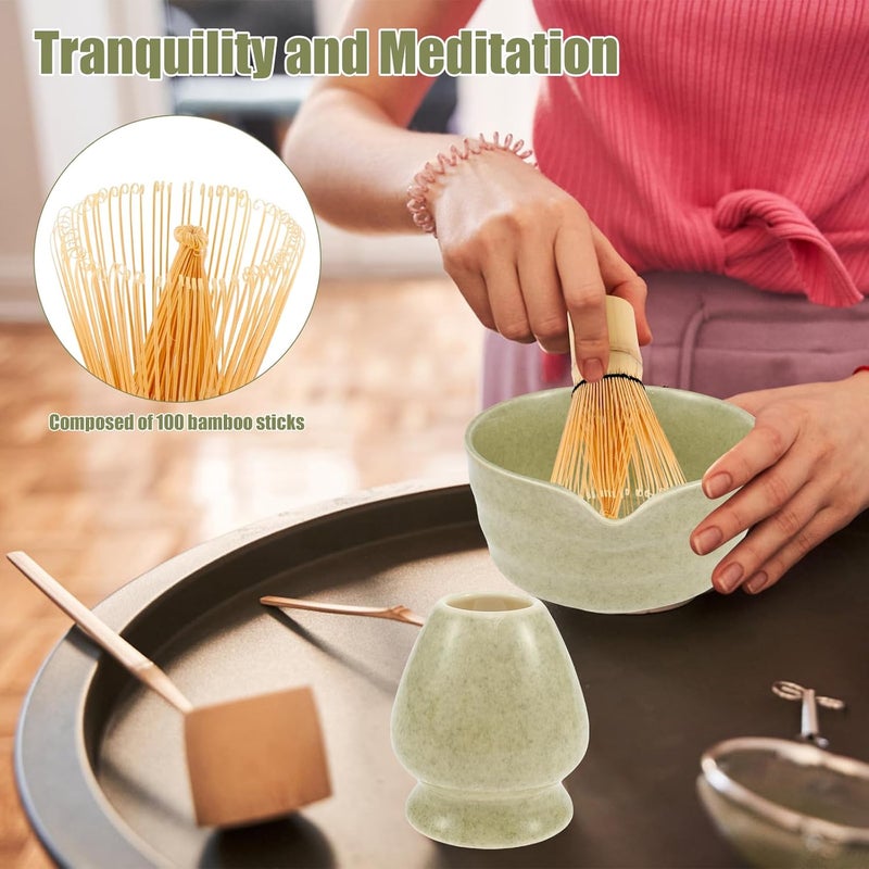 OKYMOTOR Matcha Whisk Set, 5 Pcs Matcha Kit - Matcha Bowl with Spout, Whisk and Holder, Bamboo Scoop and Stainless Sifter for Matcha Lover, Mottled Green - Image 3
