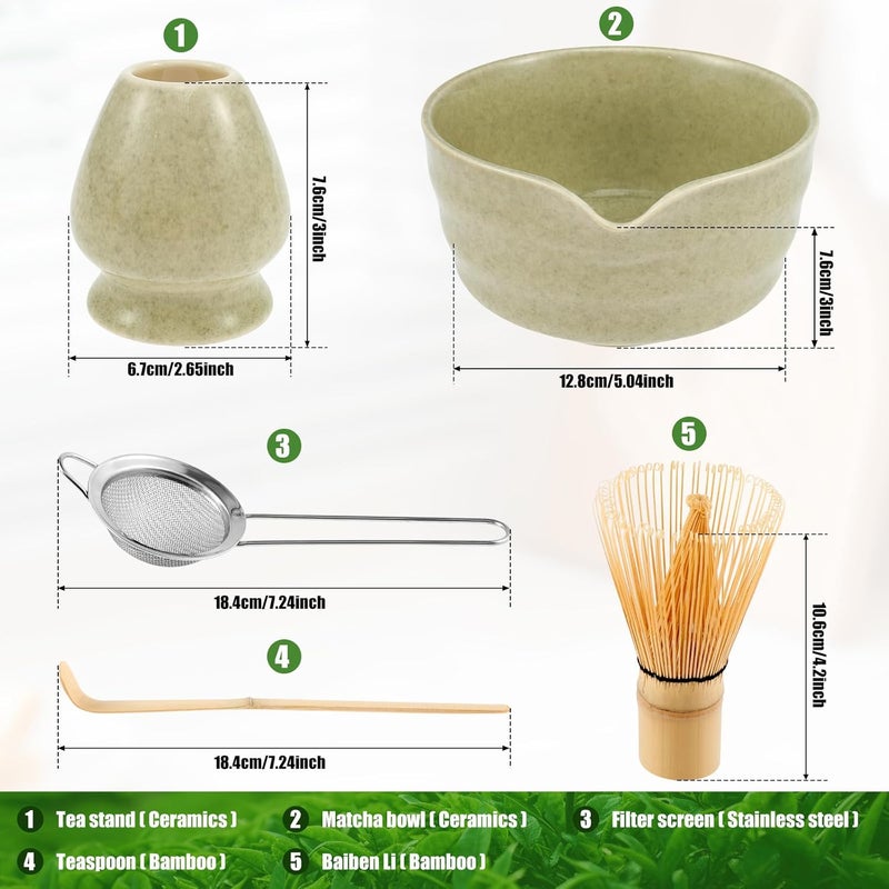 OKYMOTOR Matcha Whisk Set, 5 Pcs Matcha Kit - Matcha Bowl with Spout, Whisk and Holder, Bamboo Scoop and Stainless Sifter for Matcha Lover, Mottled Green - Image 2