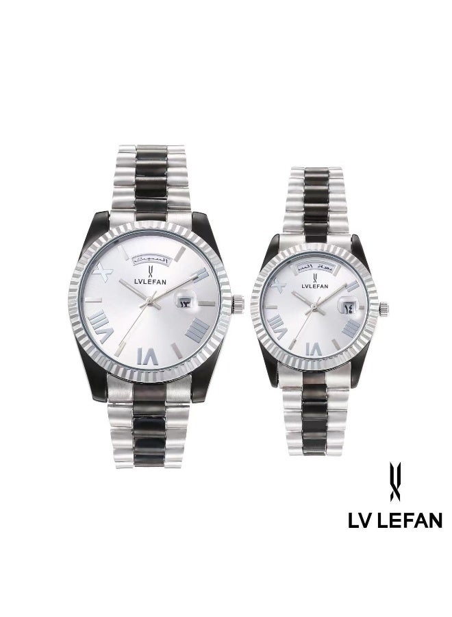 ليفان طقم ساعة يد للزوجين ضد الماء الفولاذ المقاوم للصدأ حزام زوجين الكوارتز ووتش مجموعة، الفاخرة مضيئة للماء التقويم ووتش هدية