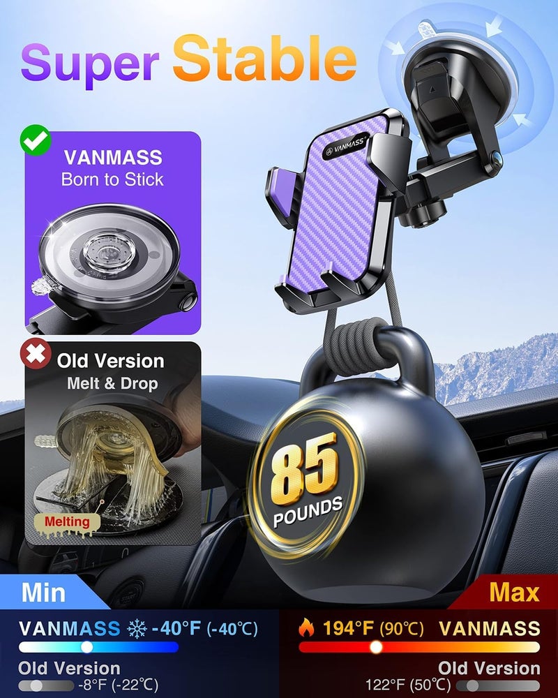 VANMASS 【85+LBS Strongest Suction & Military-Grade】2025 Ultimate Car Phone Mount【Patent Safety Certs】Cell Phone Holder Truck Stand Dashboard Windshield Vent for iPhone 17 16 15 Pro Max 14 for Samsung - Image 4