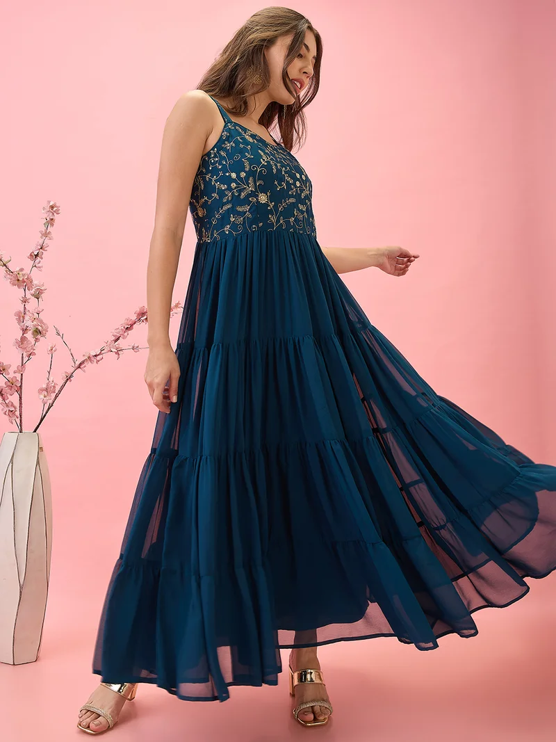 globus Women Strappy Sleeves V-Neck Sequinned Floral Embroidered A-Line Tiered Maxi Dress