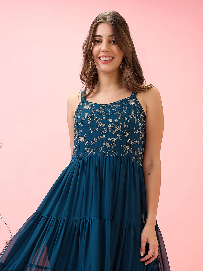 globus Women Strappy Sleeves V-Neck Sequinned Floral Embroidered A-Line Tiered Maxi Dress