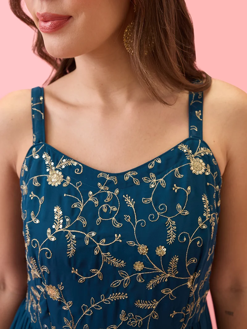 globus Women Strappy Sleeves V-Neck Sequinned Floral Embroidered A-Line Tiered Maxi Dress