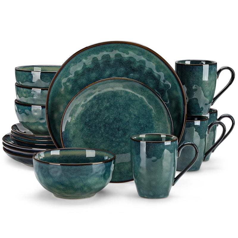 vancasso Starry 16 Pieces Green Dinnerware Set Reactive Glaze Dinner Sets Plates and Bowls Set for 4 16 Pcs Ceramic Dish Set Stoneware
