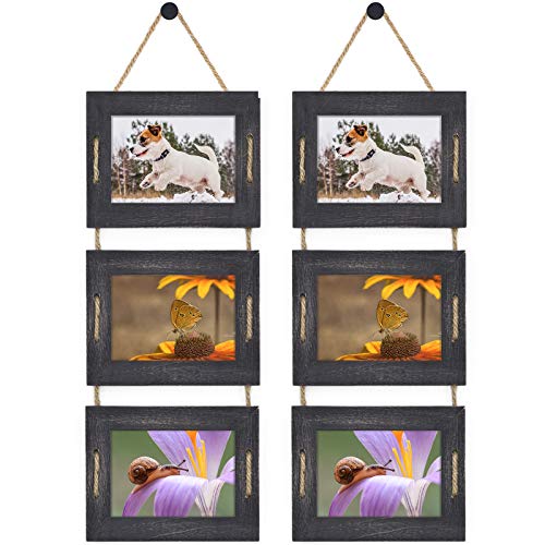 DLQuarts 5x7 Hanging Picture Frames Collage Wall Decor, 3-Opening Photo Frames Set, 3.5x5 with Mat or 5x7 Without Mat, Rustic Solid Wood Photo Frame Pack of 2, Weathered Black - Image 1