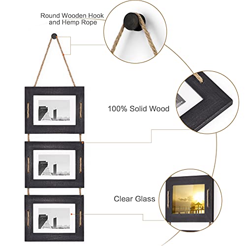 DLQuarts 5x7 Hanging Picture Frames Collage Wall Decor, 3-Opening Photo Frames Set, 3.5x5 with Mat or 5x7 Without Mat, Rustic Solid Wood Photo Frame Pack of 2, Weathered Black - Image 4