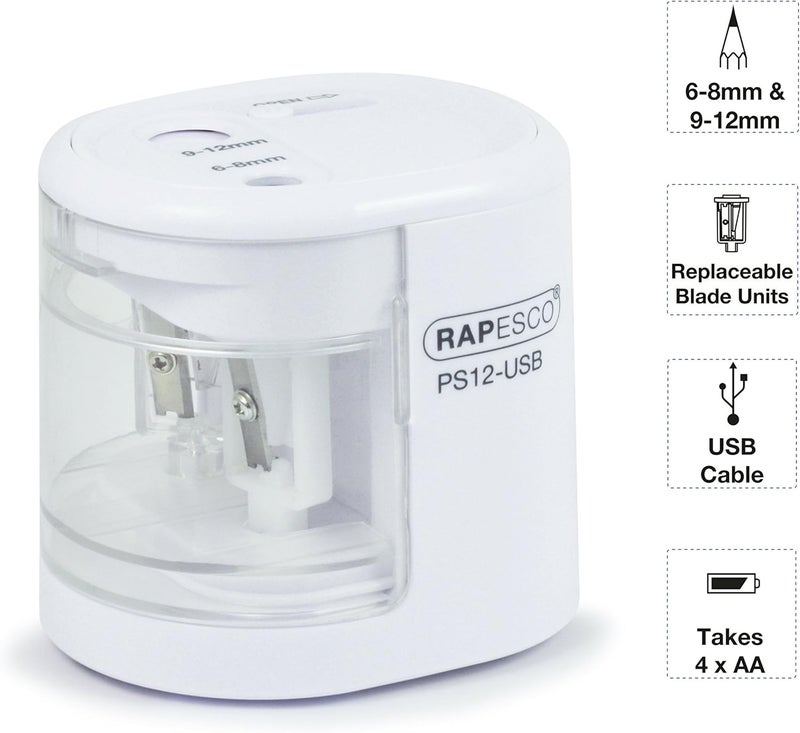 RAPESCO 1448 Automatic Electric USB/Battery Pencil Sharpener, White - Image 2
