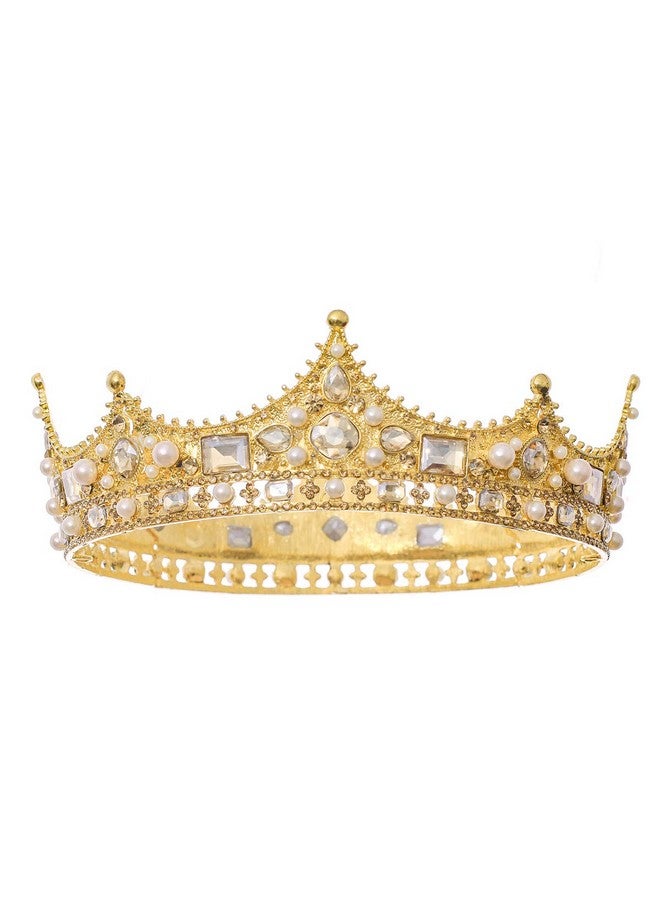 FORSEVEN King Crown For Men Crown Royal Costume Accessory Prom Tiara Baroque Vintage Crystal Pearl Bridal Wedding Tiaras Birthday Party Round Crowns (Gold) - Image 2