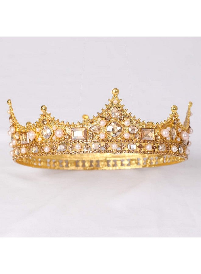 FORSEVEN King Crown For Men Crown Royal Costume Accessory Prom Tiara Baroque Vintage Crystal Pearl Bridal Wedding Tiaras Birthday Party Round Crowns (Gold) - Image 3