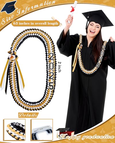 Cindeer Silk Graduation Leis Class of 2025 Graduation Necklaces Ribbons Grad Money Leis Number Patch for High School College(Black, Gold) - Image 2