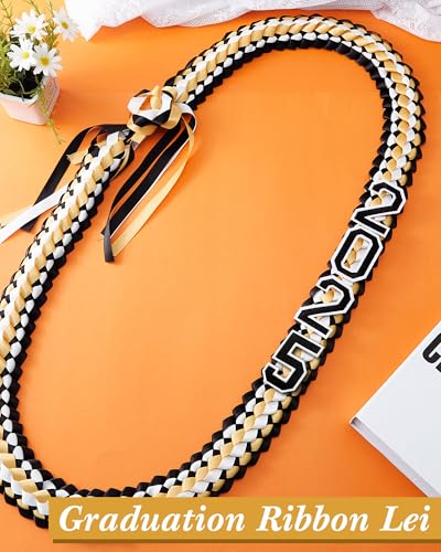Cindeer Silk Graduation Leis Class of 2025 Graduation Necklaces Ribbons Grad Money Leis Number Patch for High School College(Black, Gold) - Image 4
