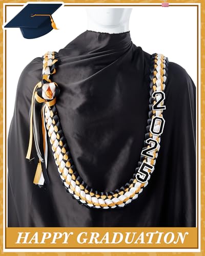 Cindeer Silk Graduation Leis Class of 2025 Graduation Necklaces Ribbons Grad Money Leis Number Patch for High School College(Black, Gold) - Image 3