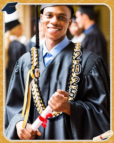 Cindeer Silk Graduation Leis Class of 2025 Graduation Necklaces Ribbons Grad Money Leis Number Patch for High School College(Black, Gold) - Image 5