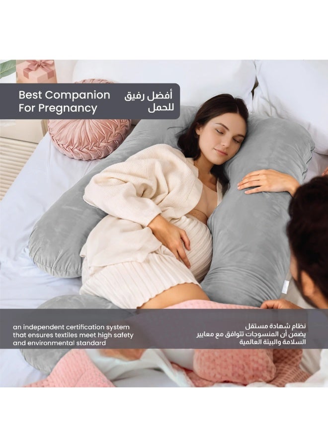 أَليفينجهوم مخدة حوامل  للنوم، وسادة حمل على شكل حرف G لدعم الأمومة لكامل الجسم، وسادة للحوامل بغطاء مخملي قابل للإزالة من القطن، مخدة دعم الأمومة لكامل الجسم (رمادي فاتح) - Image 4