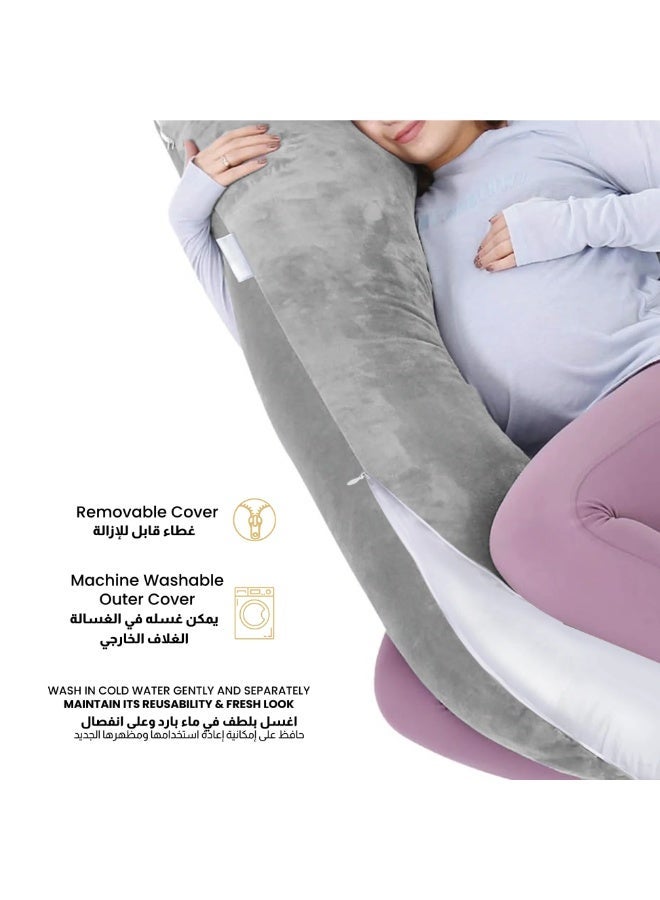 أَليفينجهوم مخدة حوامل  للنوم، وسادة حمل على شكل حرف G لدعم الأمومة لكامل الجسم، وسادة للحوامل بغطاء مخملي قابل للإزالة من القطن، مخدة دعم الأمومة لكامل الجسم (رمادي فاتح) - Image 5