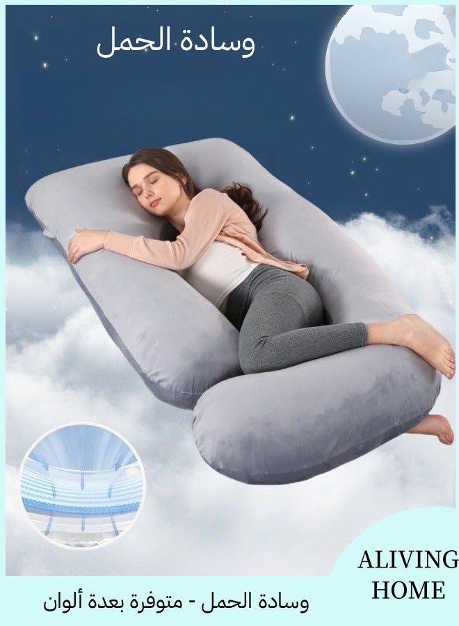 أَليفينجهوم مخدة حوامل  للنوم، وسادة حمل على شكل حرف G لدعم الأمومة لكامل الجسم، وسادة للحوامل بغطاء مخملي قابل للإزالة من القطن، مخدة دعم الأمومة لكامل الجسم (رمادي فاتح) - Image 1