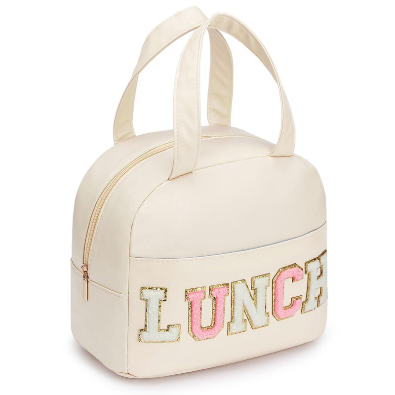 DIRGEE Lunch Bag for Women Insulated For Men PU leather Small Office Work lunch with Chenille Letters Leakproof Freezable Cooler Reusable Portable Box White