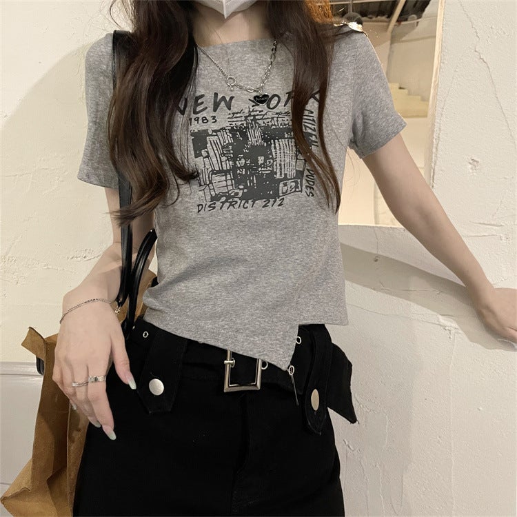 Hot Girl Style Design Short T-Shirt Summer 2025 New Asymmetrical Chic Niche Ins Short-Sleeved Top Women's Trend - Image 1
