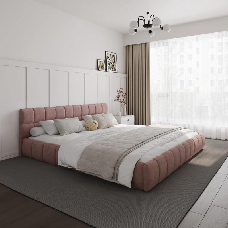 Modern Upholstered Bed Frame with Tufted Headboard - Premium Linen Textured Fabric Platform Bed - Sturdy Wooden Slat Support, No Box Spring Required (Pink, Super King) - Image 1