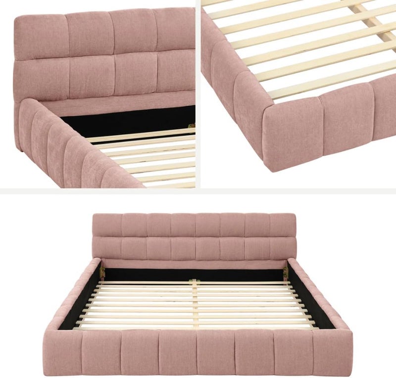 Modern Upholstered Bed Frame with Tufted Headboard - Premium Linen Textured Fabric Platform Bed - Sturdy Wooden Slat Support, No Box Spring Required (Pink, Super King) - Image 5