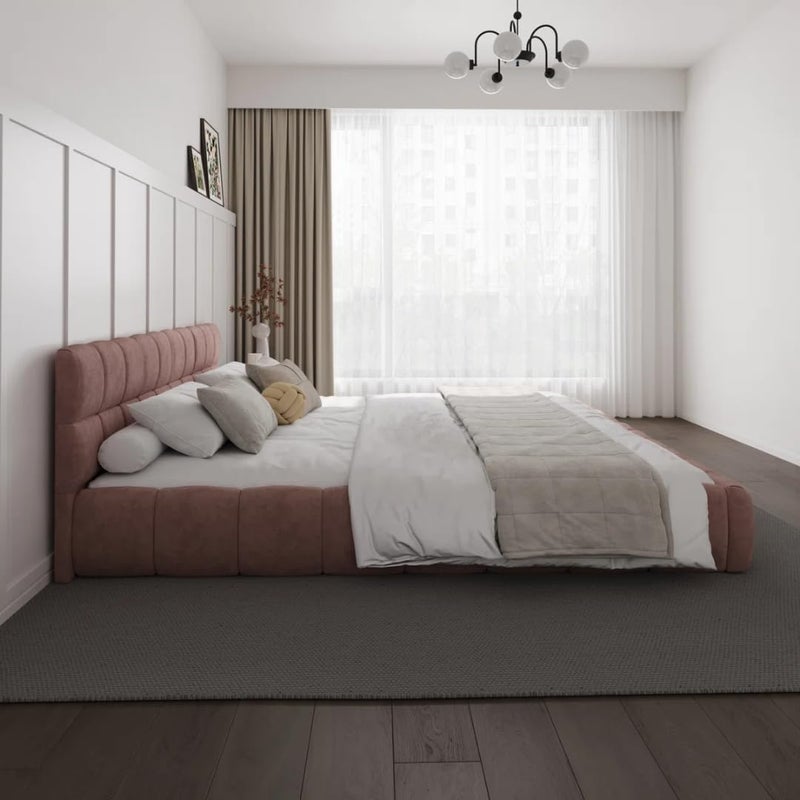 Modern Upholstered Bed Frame with Tufted Headboard - Premium Linen Textured Fabric Platform Bed - Sturdy Wooden Slat Support, No Box Spring Required (Pink, Super King) - Image 3