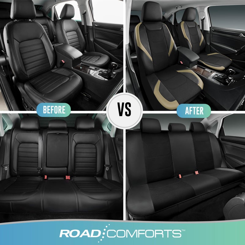 Road Comforts Car Seat Cover Full Set, Leather Mesh Seat Covers, Airbag Compatible, Universal Fit for Most Cars, SUVs, Trucks, and Vans - Black - Image 3