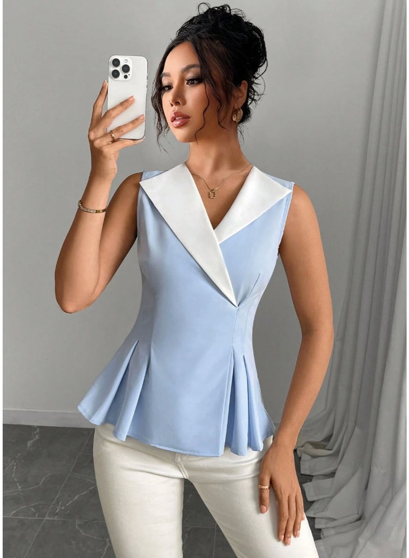 Shein Women's Elegant Collared Sleeveless Color Block Ruffle Hem Fitted Blouse, Summer - Image 4