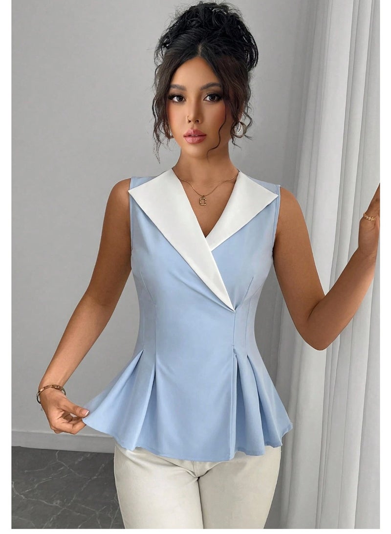 Shein Women's Elegant Collared Sleeveless Color Block Ruffle Hem Fitted Blouse, Summer - Image 5